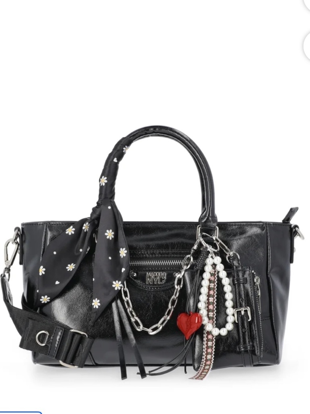 Black Satchel Shoulder Bag with Daisy Scarf & Charm Accents